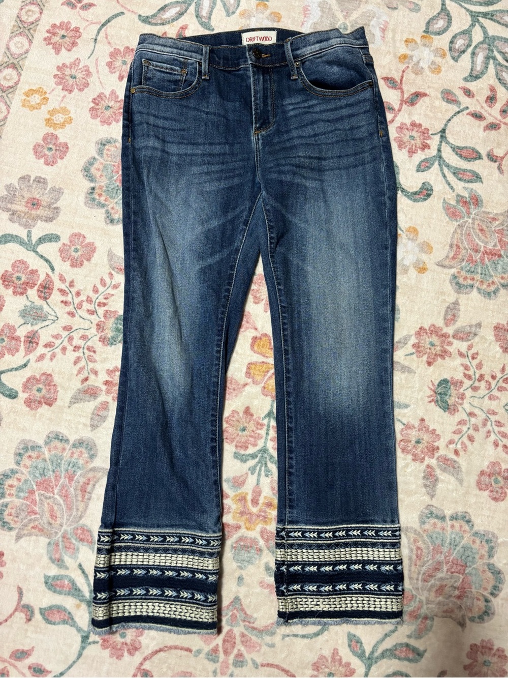 DRIFTWOOD Indigo Straight Leg Jeans with Embroidered Cuffs